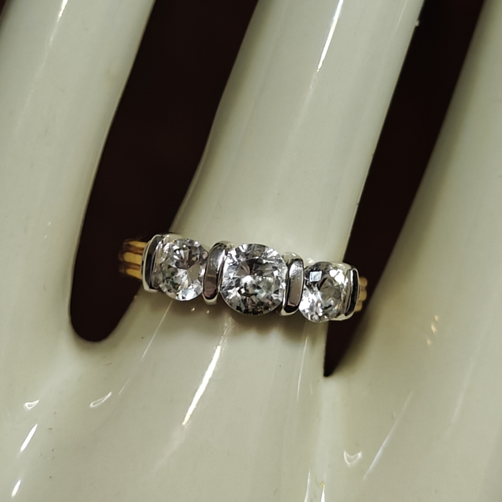 Elegant Yellow Gold Electroplated 3 CZ Stones Band Ring